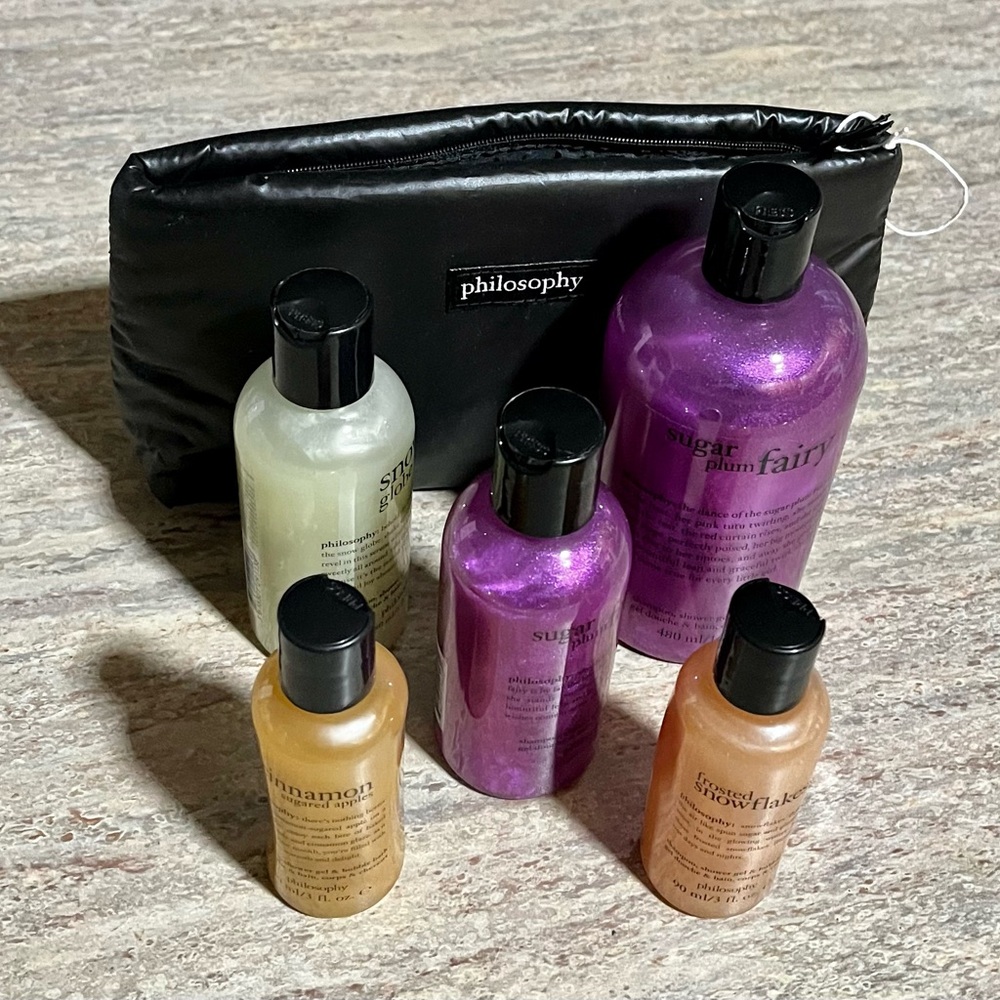 New 5-Piece Philosophy3-in-1 Shampoo, shower gel, bubble bath set & black Pouch